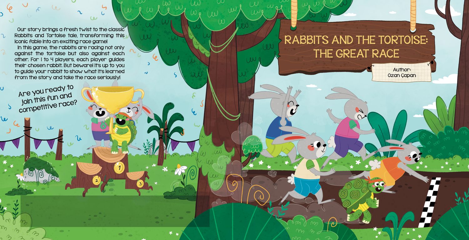 Illustrated storybook spread from Rabbits and the Tortoise: The Great Race